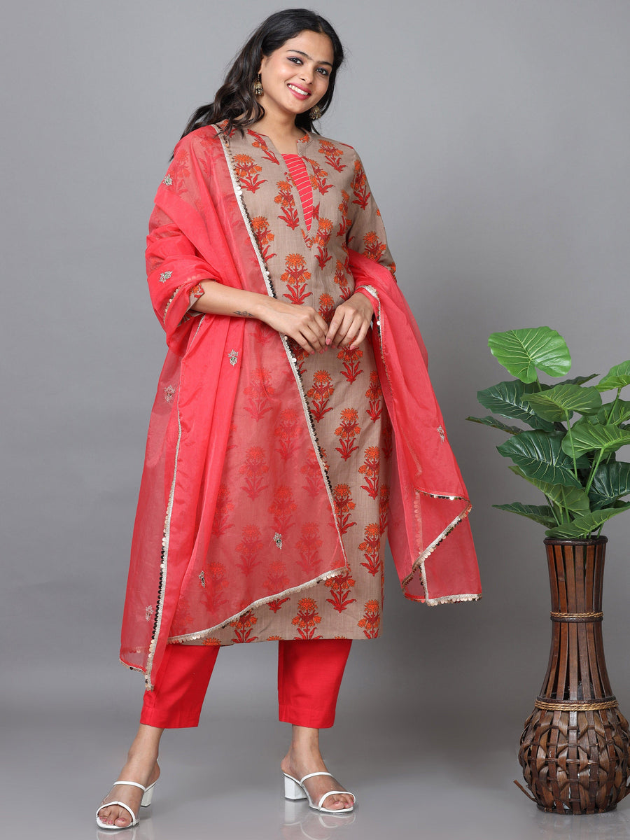 Beige 3/4 Sleeve Cotton Printed Straight calf-long Salwar Suit