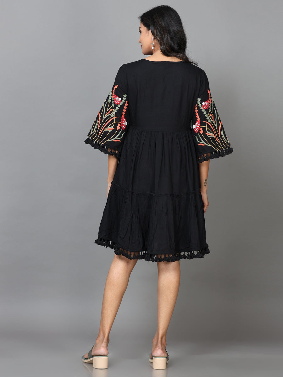 Black Half Sleeve Rayon Embroidered A-Line Mini Dress