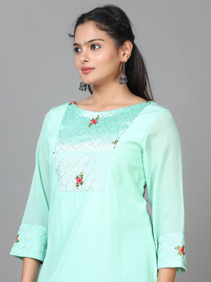 Mint Green 3/4 Sleeve Cotton Embroidered Straight Calf Length Kurta