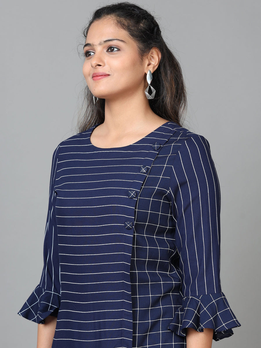 Navy Elbow Length Sleeve Rayon Striped Straight Knee Length Kurta