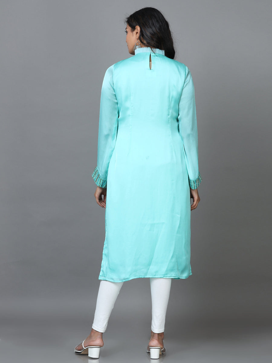 Turquoise Full Sleeve Organza Solid Straight Calf Length Kurta