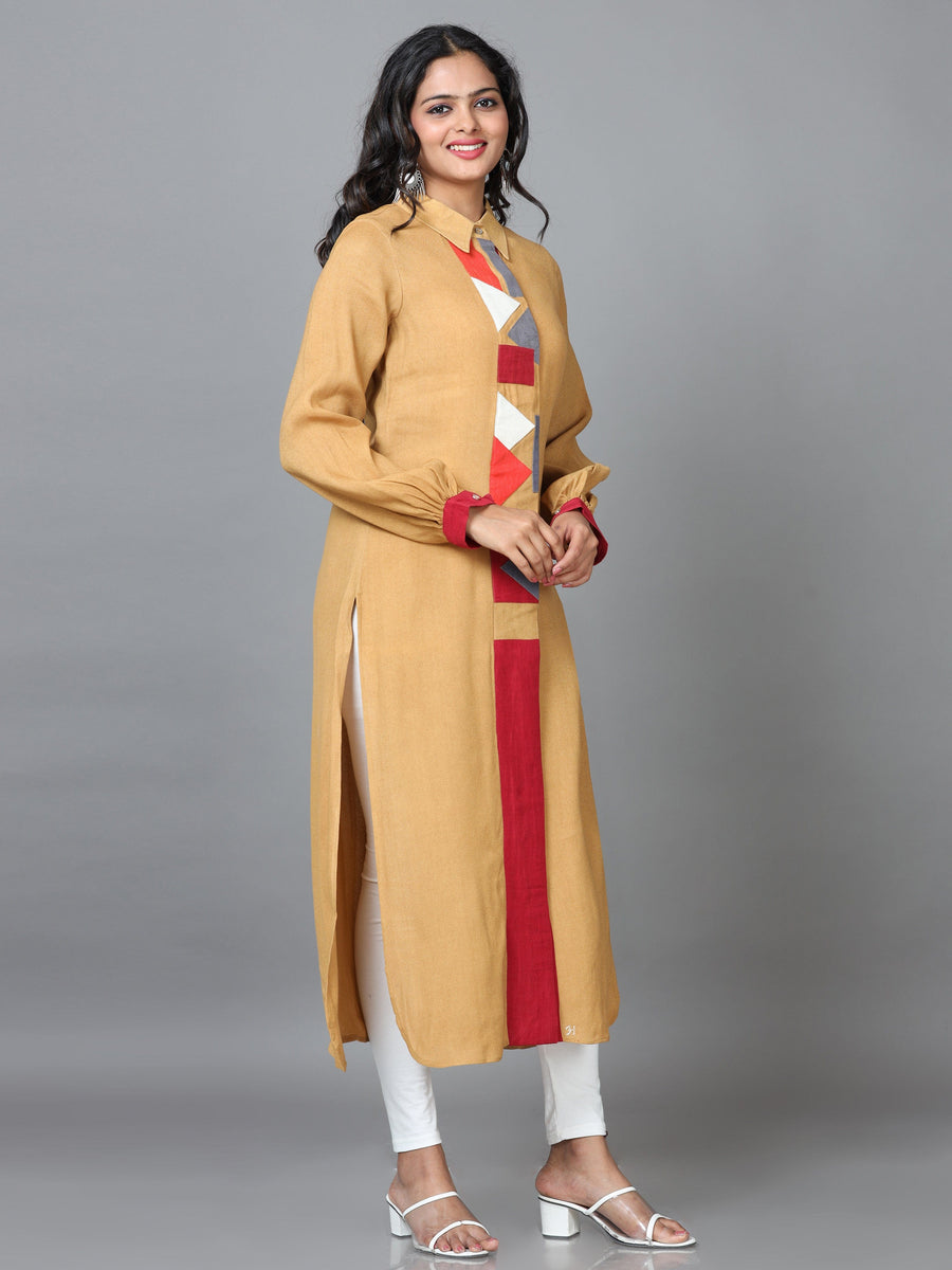 Gold Full Sleeve Rayon Solid Straight Calf Length Kurta