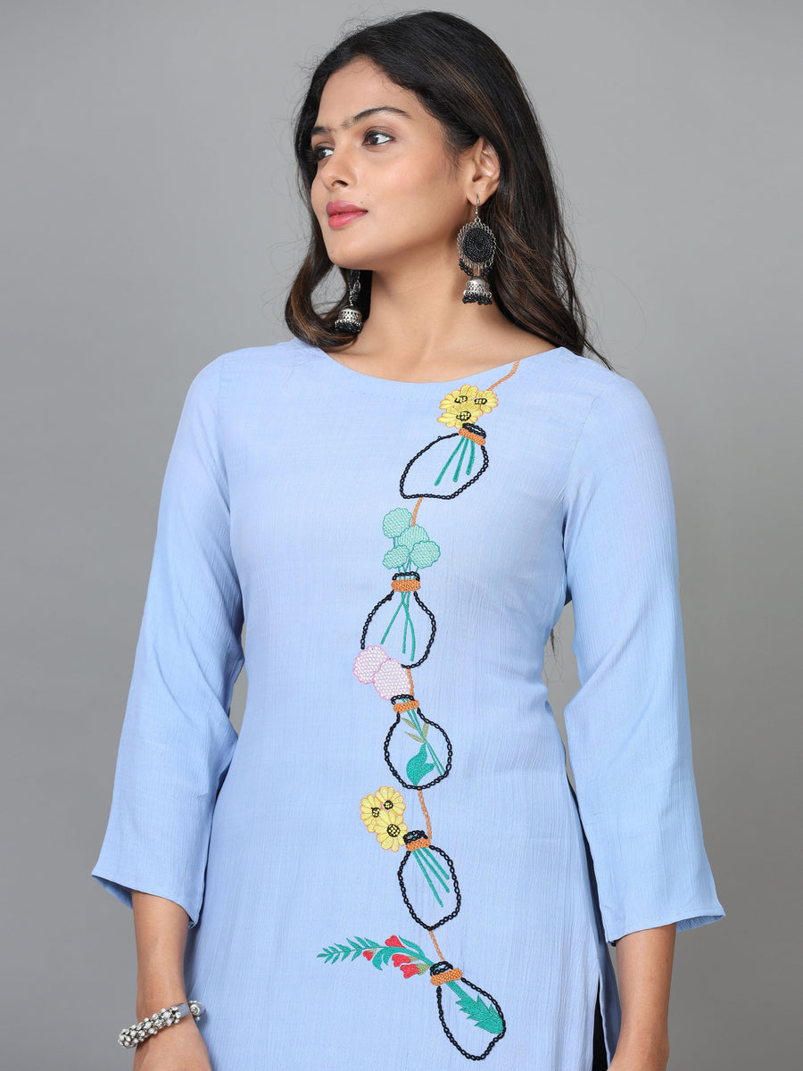 Blue 3/4 Sleeve Cotton Embroidered Straight Calf Length Kurta