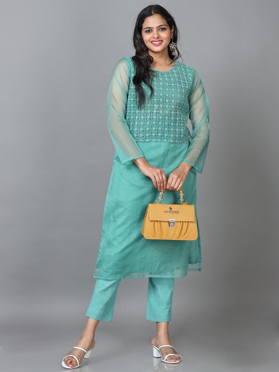 Green 3/4 Sleeve Organza Solid Straight calf-long Kurta Set