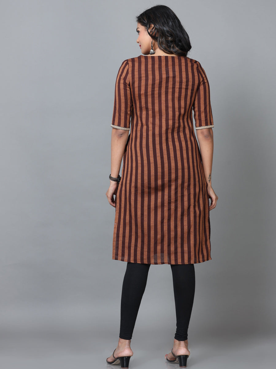 Brown Elbow Length Sleeve Cotton Striped Straight Knee Length Kurta