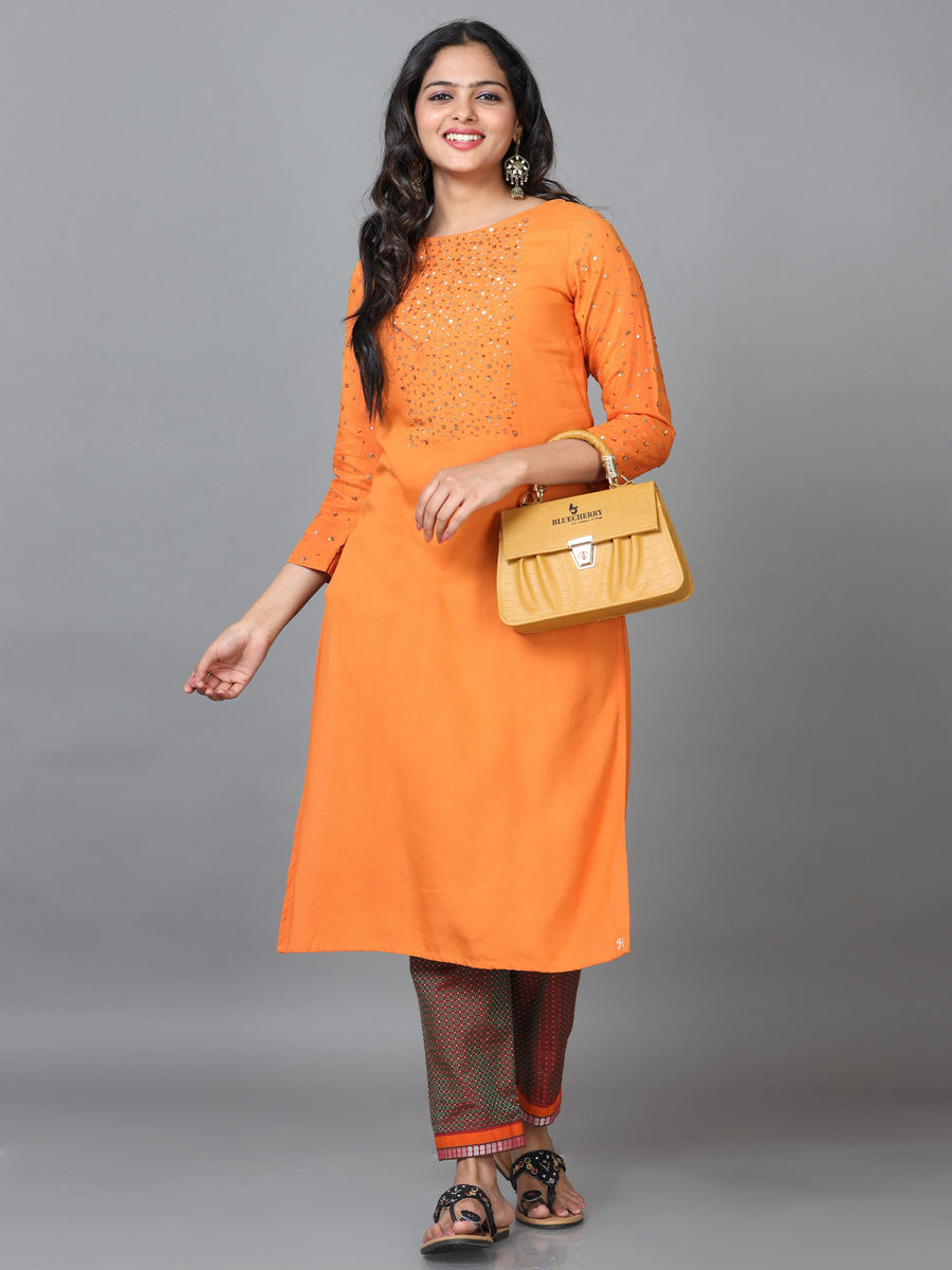 Orange 3/4 Sleeve Rayon Solid Straight calf-long Kurta Set