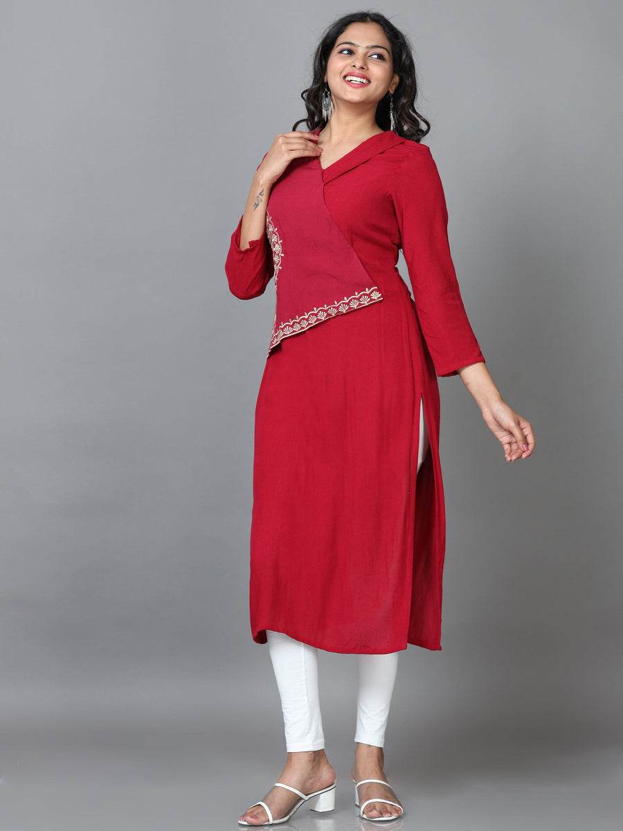 Maroon 3/4 Sleeve Rayon Solid Straight Calf Length Kurta