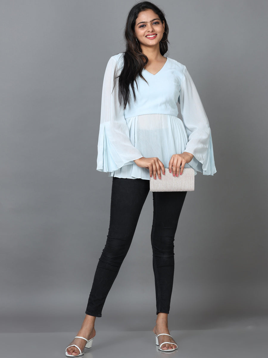 Sky Blue Long Sleeve Georgette Solid Western Standard Length Top