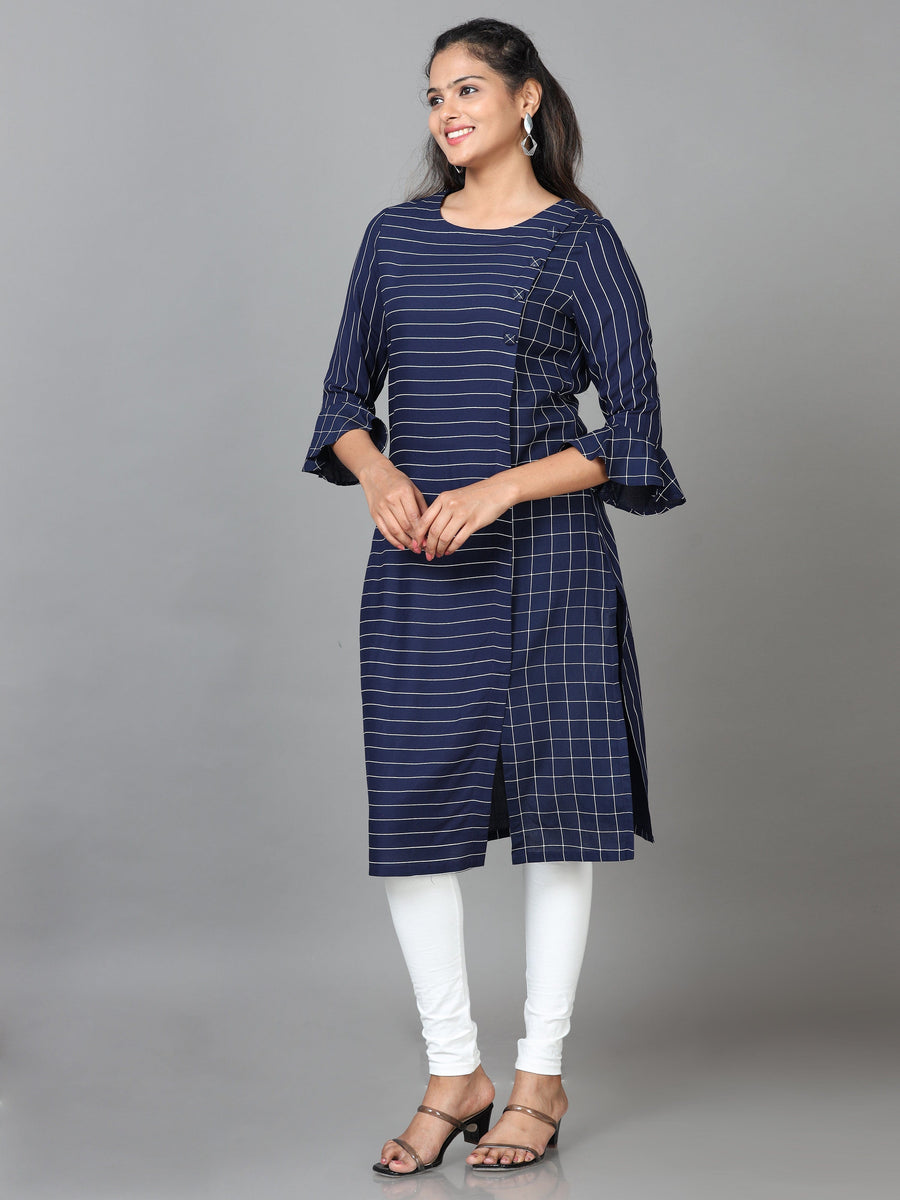 Navy Elbow Length Sleeve Rayon Striped Straight Knee Length Kurta