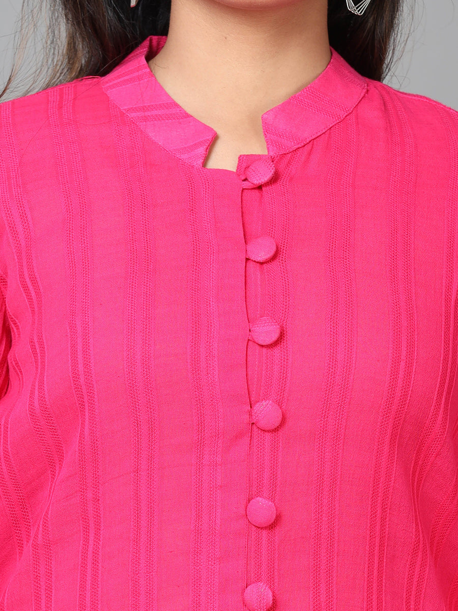 Pink Full Sleeve Cotton Solid Straight Calf Length Kurta