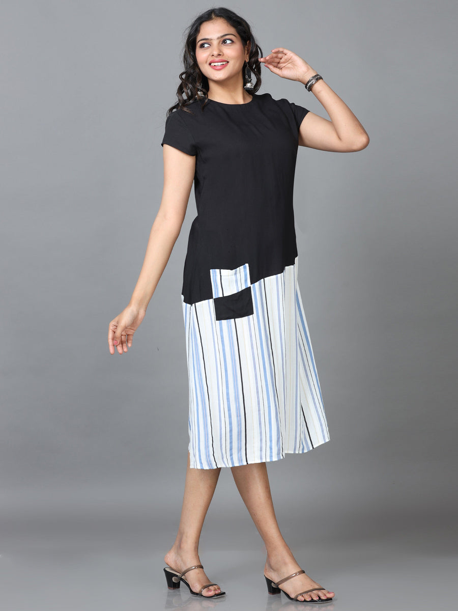 Black Short Sleeve Cotton Striped Straight Calf Length Kurta