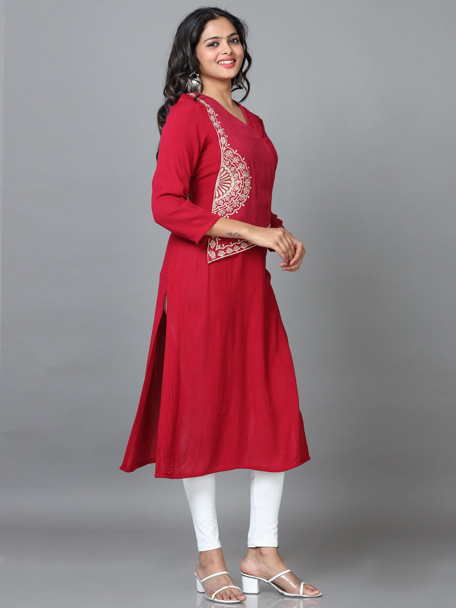 Maroon 3/4 Sleeve Rayon Solid Straight Calf Length Kurta