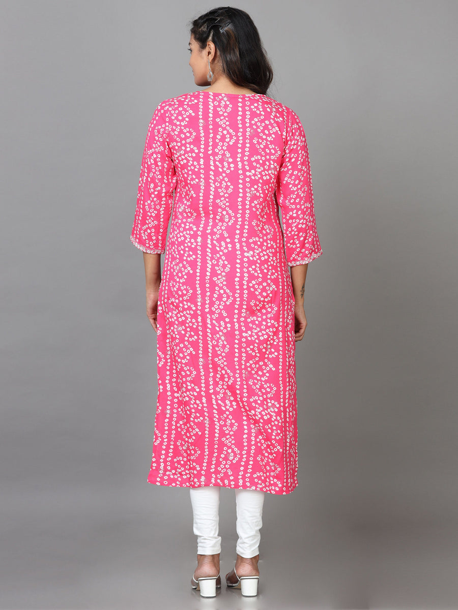 Pink 3/4 Sleeve Cotton Printed Straight Calf Length Kurta