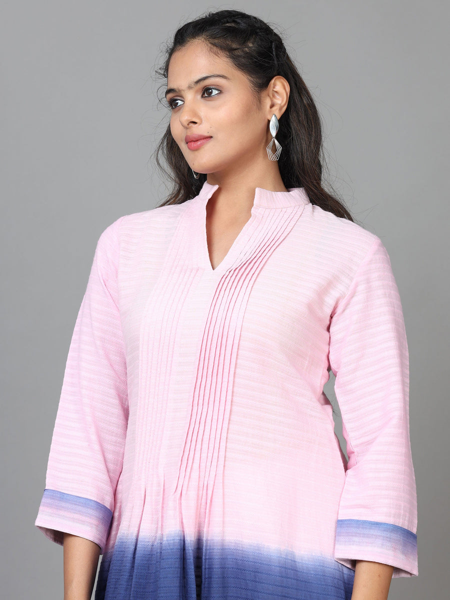 Pink 3/4 Sleeve Cotton Solid A-Line Calf Length Kurta