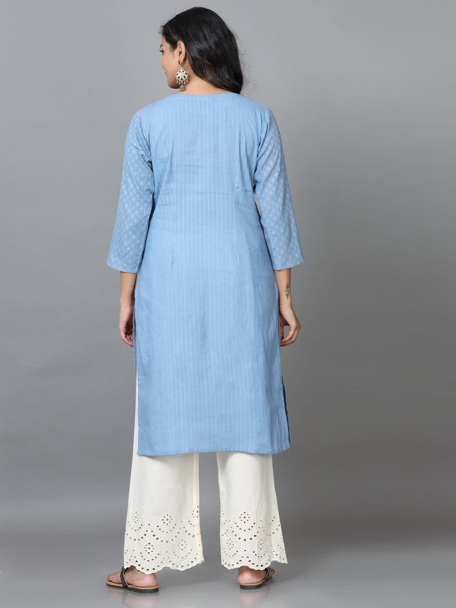 Light Blue 3/4 Sleeve Cotton Solid Straight calf-long Kurta Set