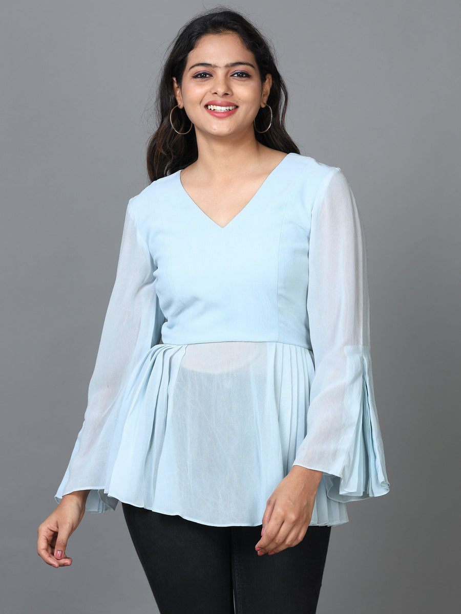 Sky Blue Long Sleeve Georgette Solid Western Standard Length Top