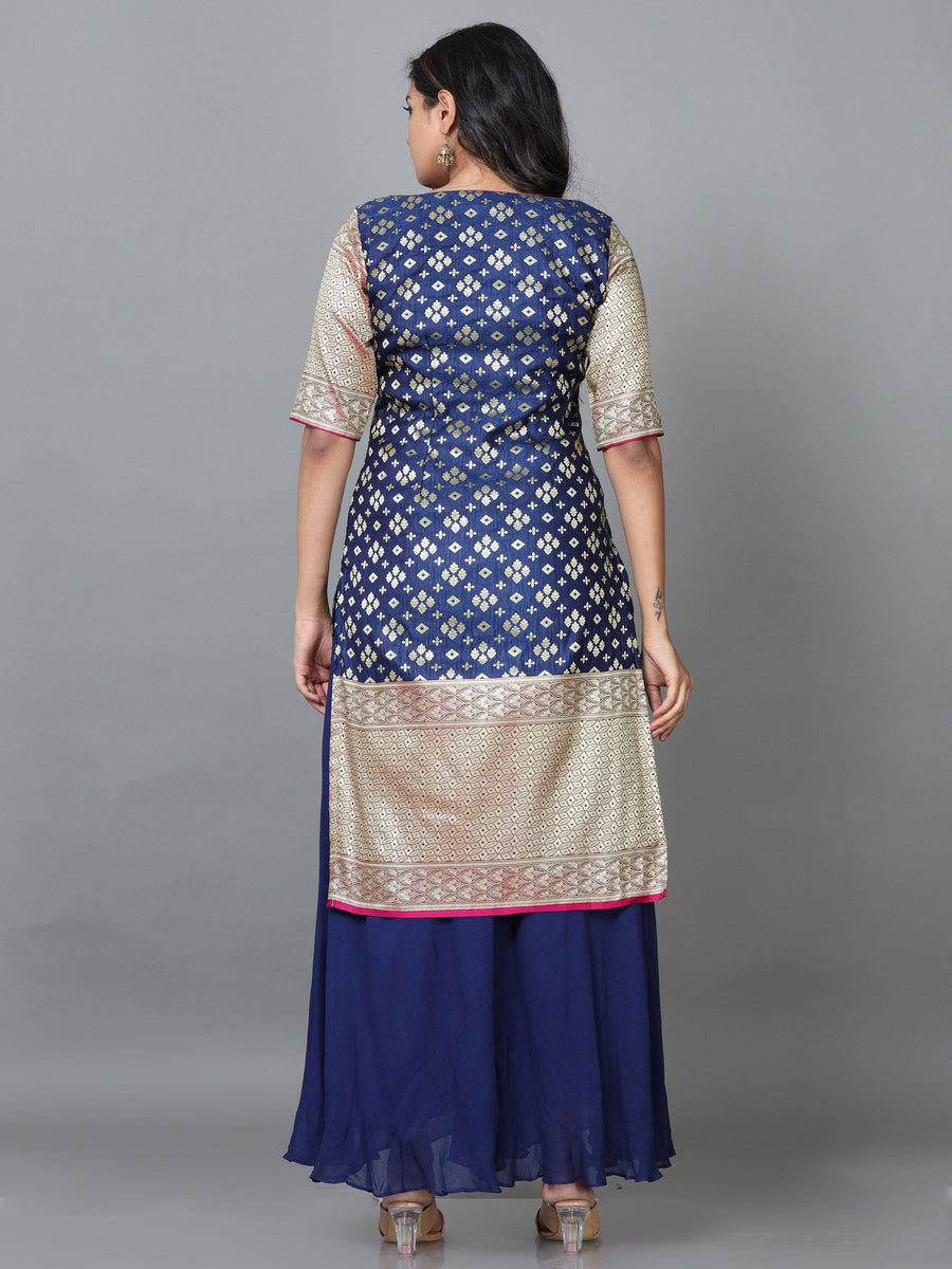 Navy Blue Half Sleeve Banaras Silk Printed Straight knee-long Salwar Suit