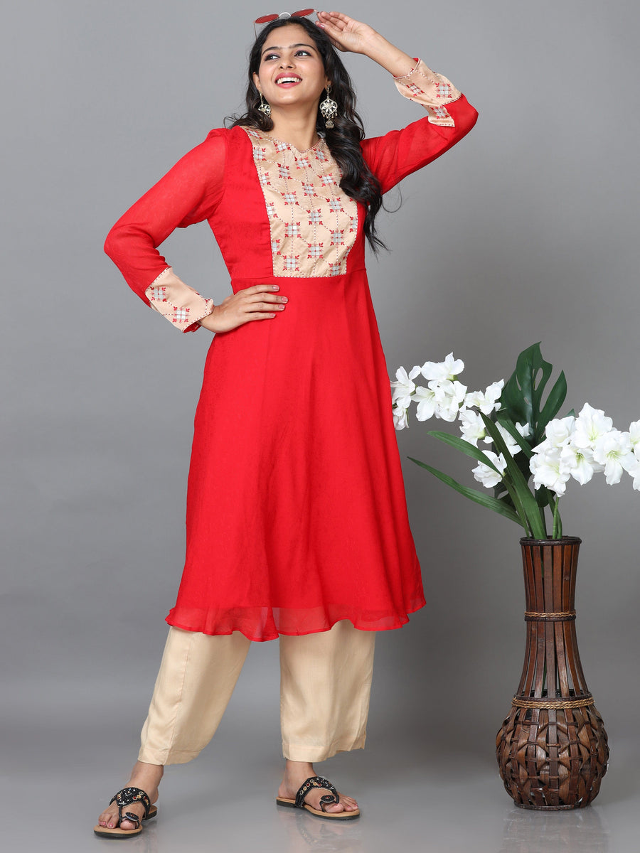 Red Full Sleeve Chiffon Solid A-Line calf-long Kurta Set