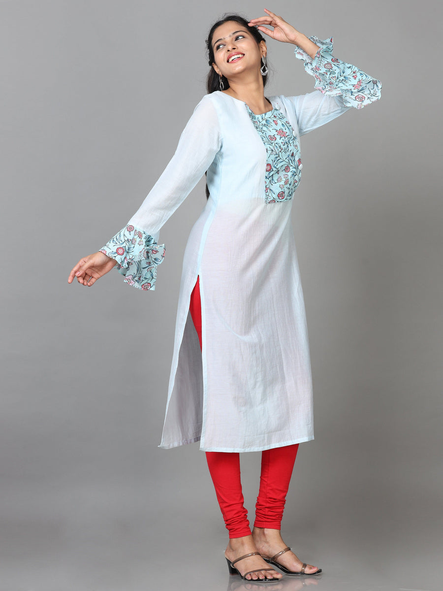 Sky Blue Full Sleeve Cotton Printed Straight Calf Length Kurta