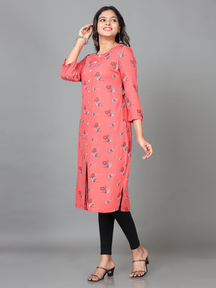 Red 3/4 Sleeve Viscose Printed Straight Knee Length Kurta