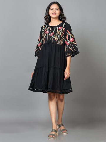 Black Half Sleeve Rayon Embroidered A-Line Mini Dress