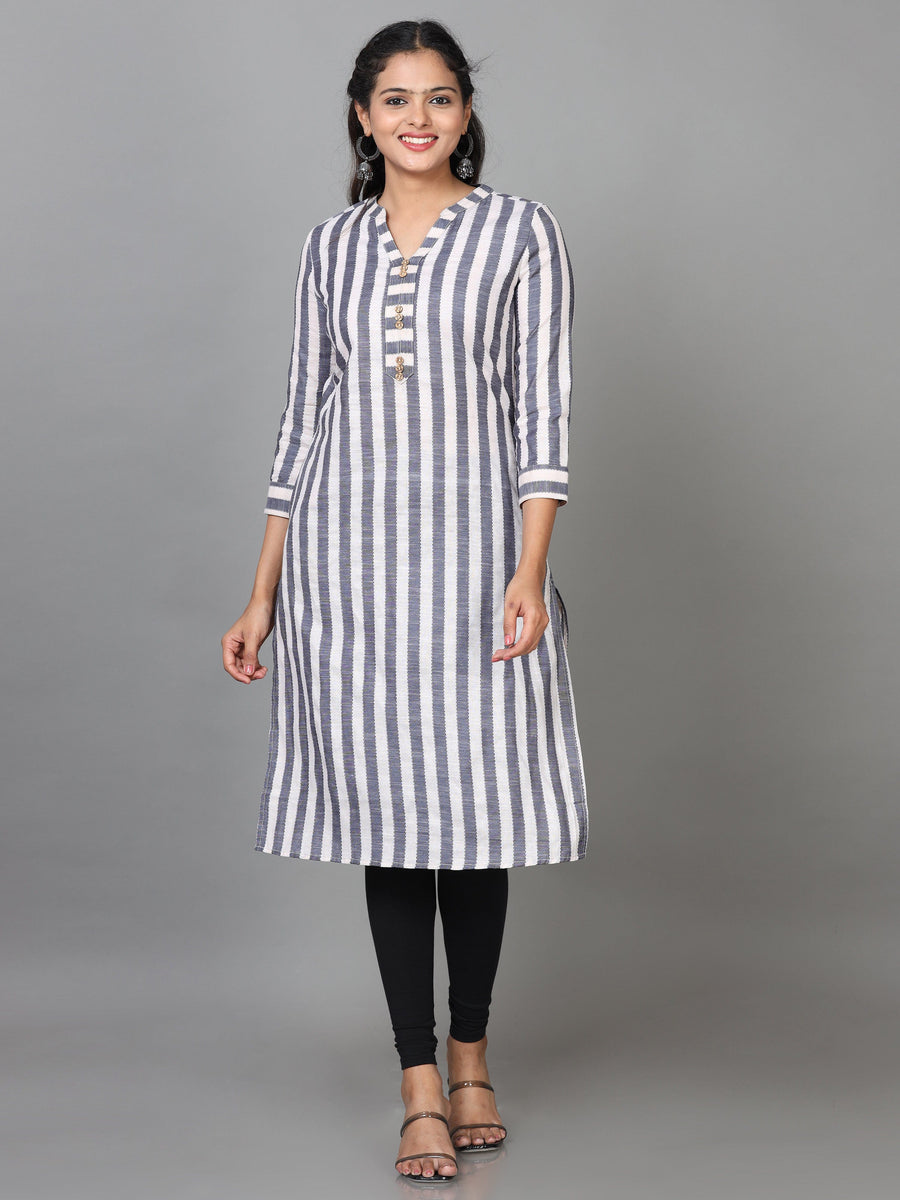 Grey 3/4 Sleeve Cotton Striped Straight Knee Length Kurta