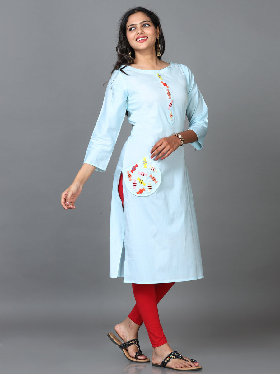 Sky Blue 3/4 Sleeve Cotton Solid Straight Calf Length Kurta