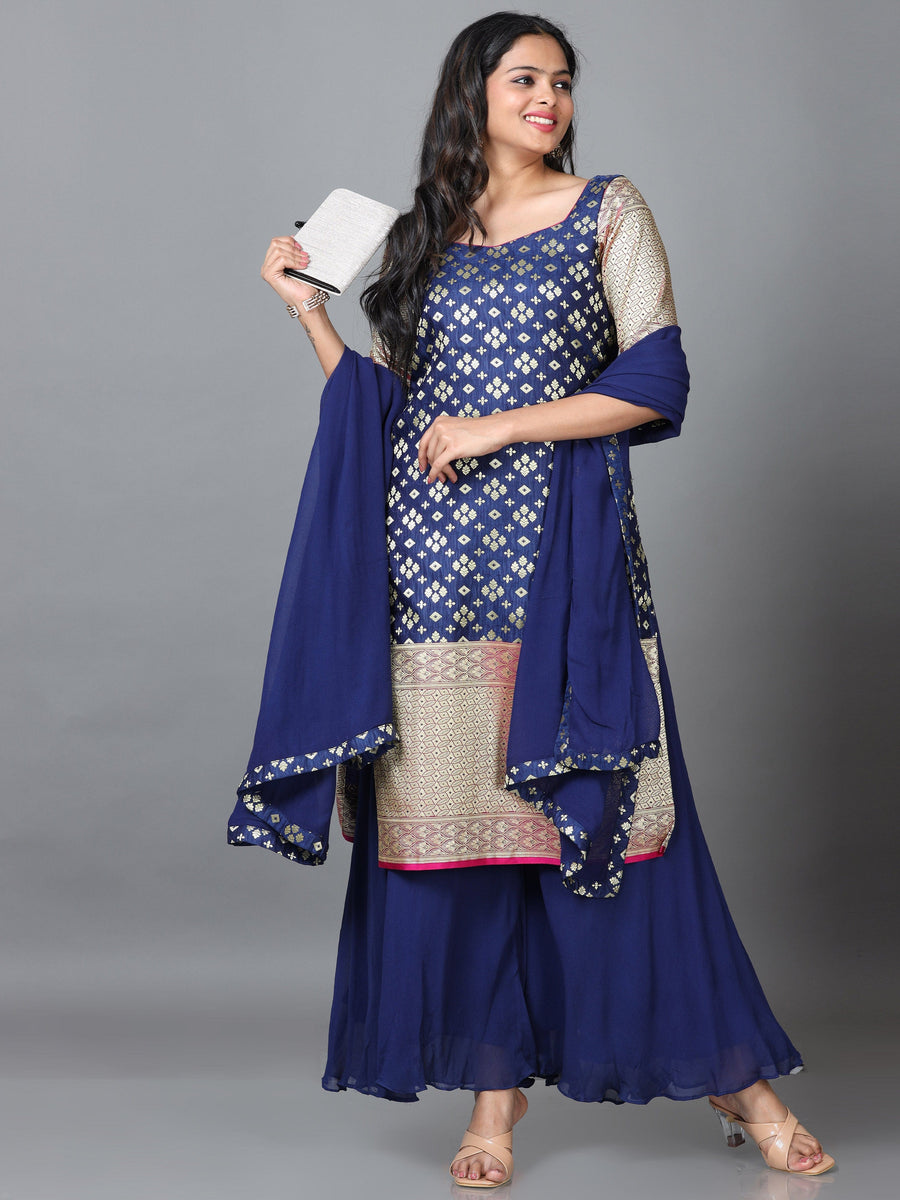 Navy Blue Half Sleeve Banaras Silk Printed Straight knee-long Salwar Suit