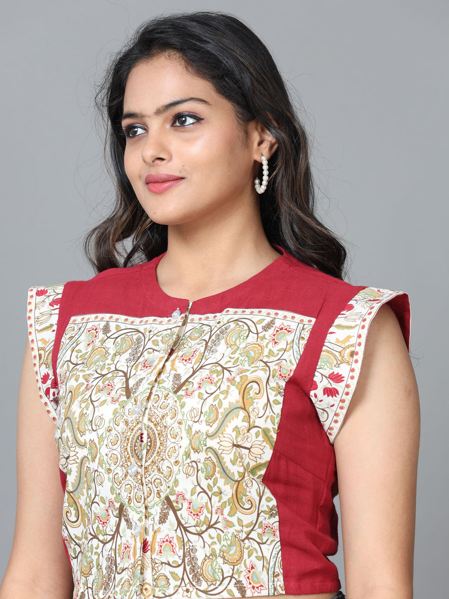 Red Sleeveless Cotton Printed Western Short Length Top