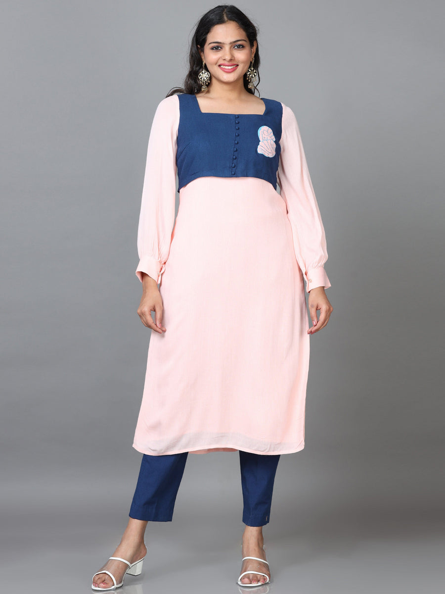 Peach Full Sleeve Cotton Solid Straight calf-long Kurta Set