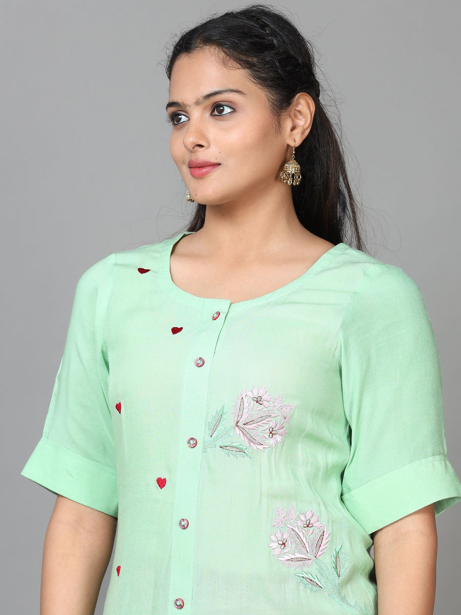 Green Elbow Length Sleeve Rayon Embroidered Straight Calf Length Kurta