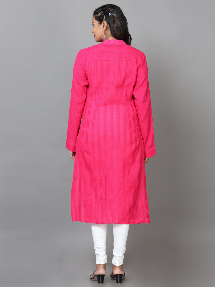 Pink Full Sleeve Cotton Solid Straight Calf Length Kurta