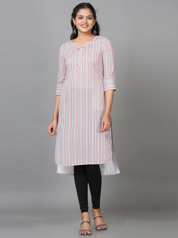 Multicolored Elbow Length Sleeve Polyester Striped Straight Knee Length Kurta