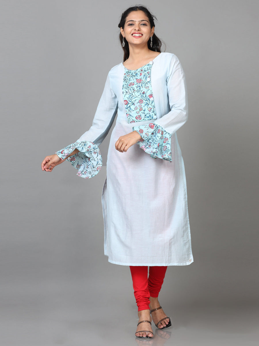 Sky Blue Full Sleeve Cotton Printed Straight Calf Length Kurta