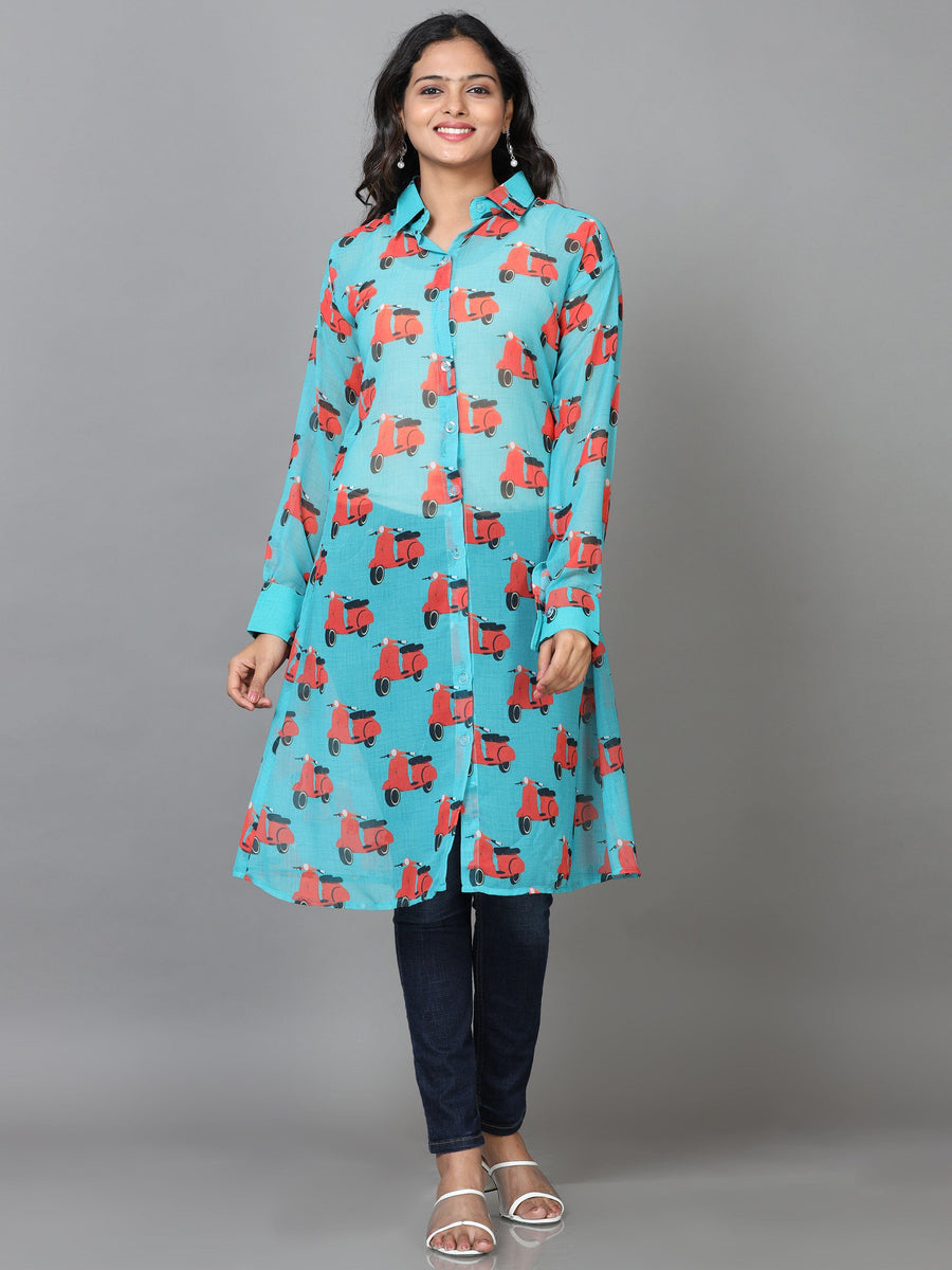 Turquoise Cuff Sleeve Georgette Printed Western Long Length Shirt