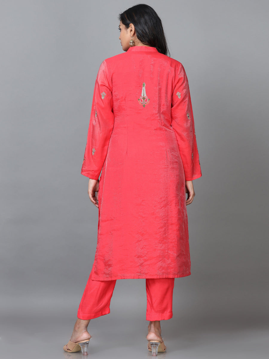 Red Full Sleeve Chanderi Embroidered Straight calf-long Salwar Suit