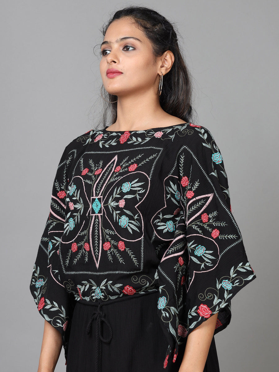 Black Half Sleeve Rayon Embroidered Kaftan Midi Dress