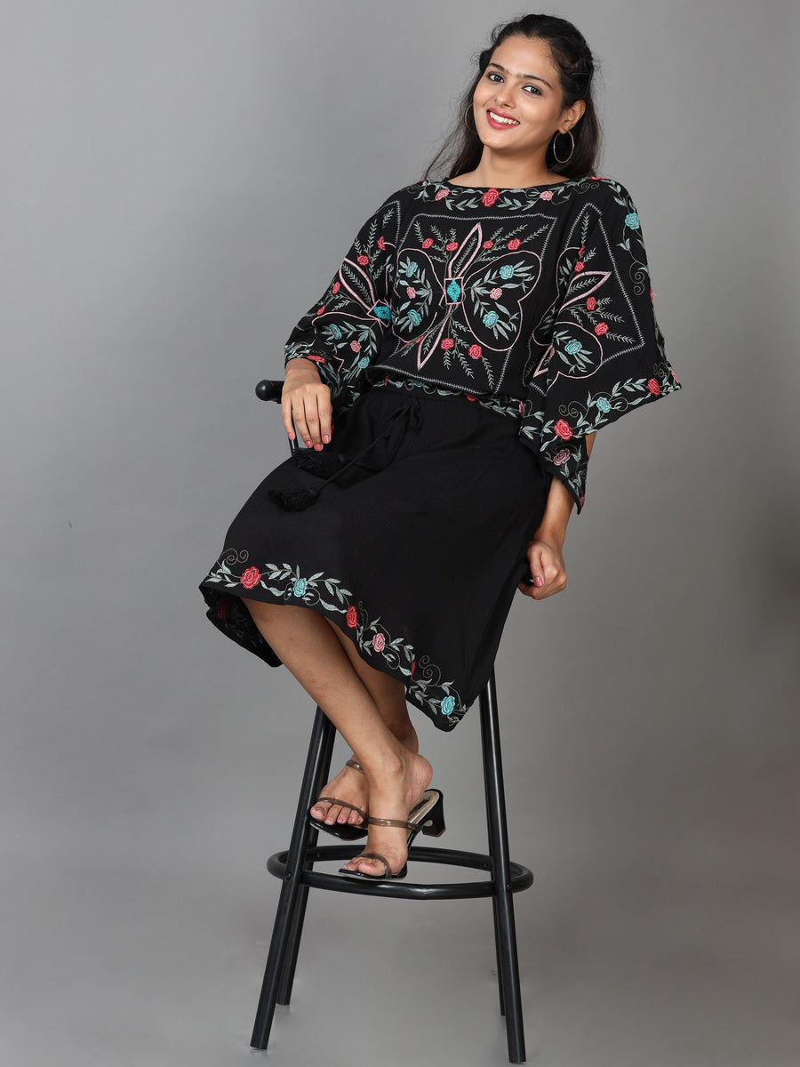 Black Half Sleeve Rayon Embroidered Kaftan Midi Dress