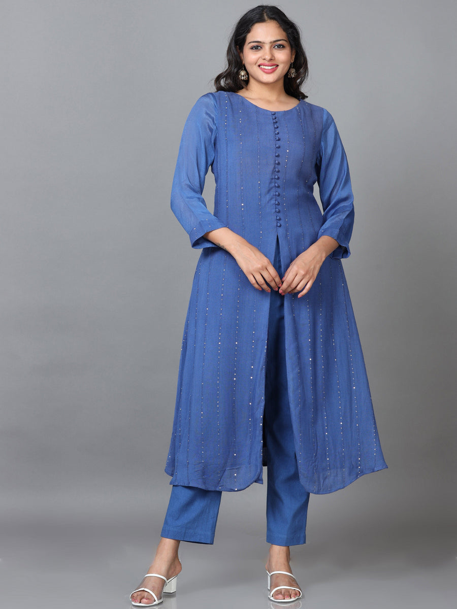 Dark Blue 3/4 Sleeve Rayon Solid A-Line calf-long Salwar Suit