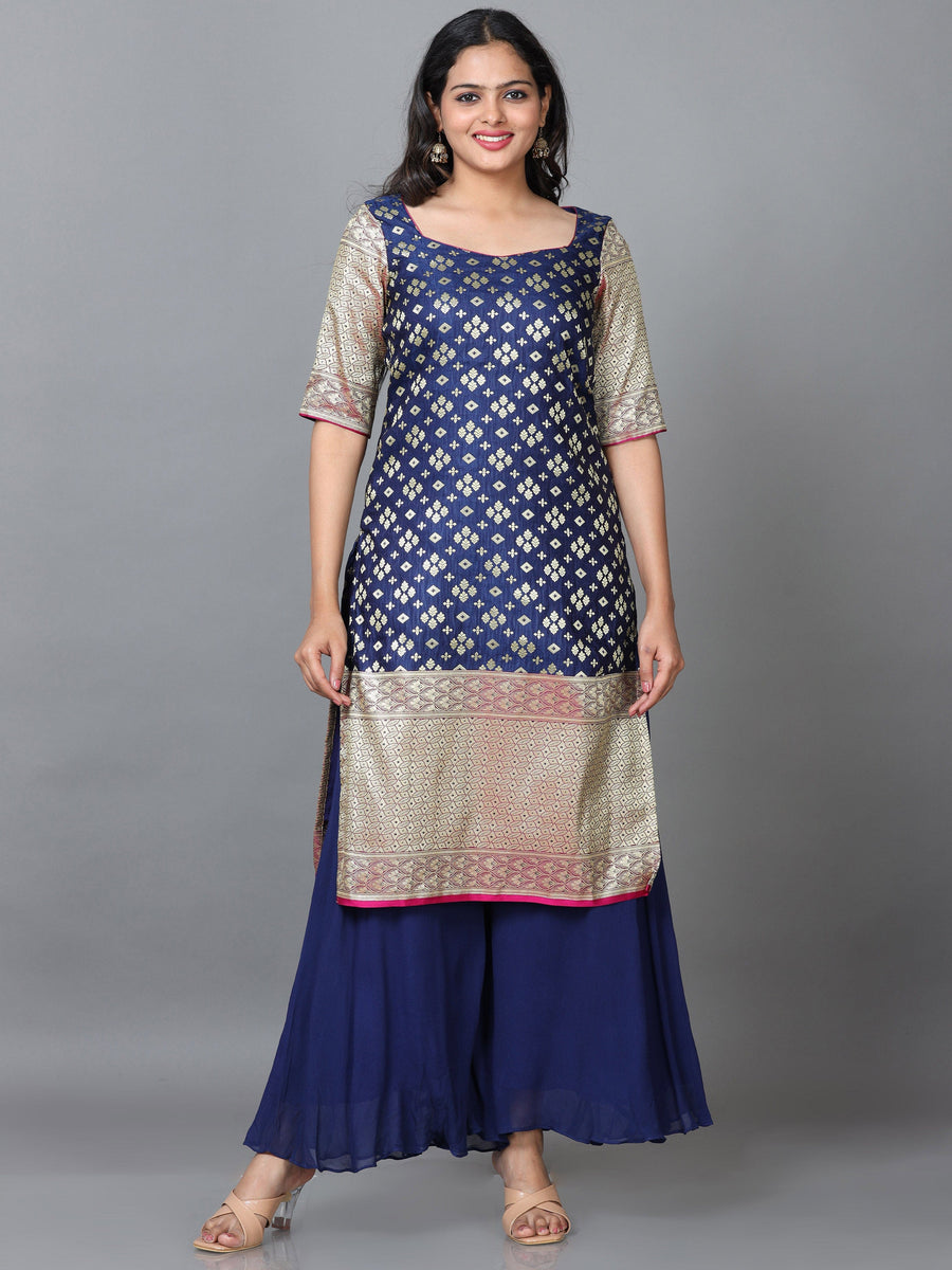 Navy Blue Half Sleeve Banaras Silk Printed Straight knee-long Salwar Suit