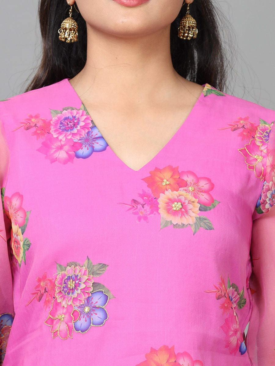 Pink 3/4 Sleeve Organza Printed Straight Calf Length Kurta