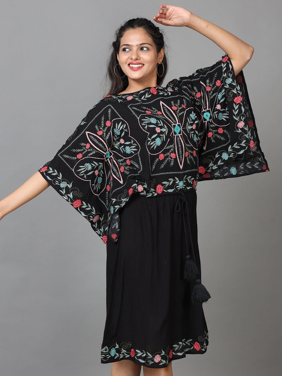 Black Half Sleeve Rayon Embroidered Kaftan Midi Dress