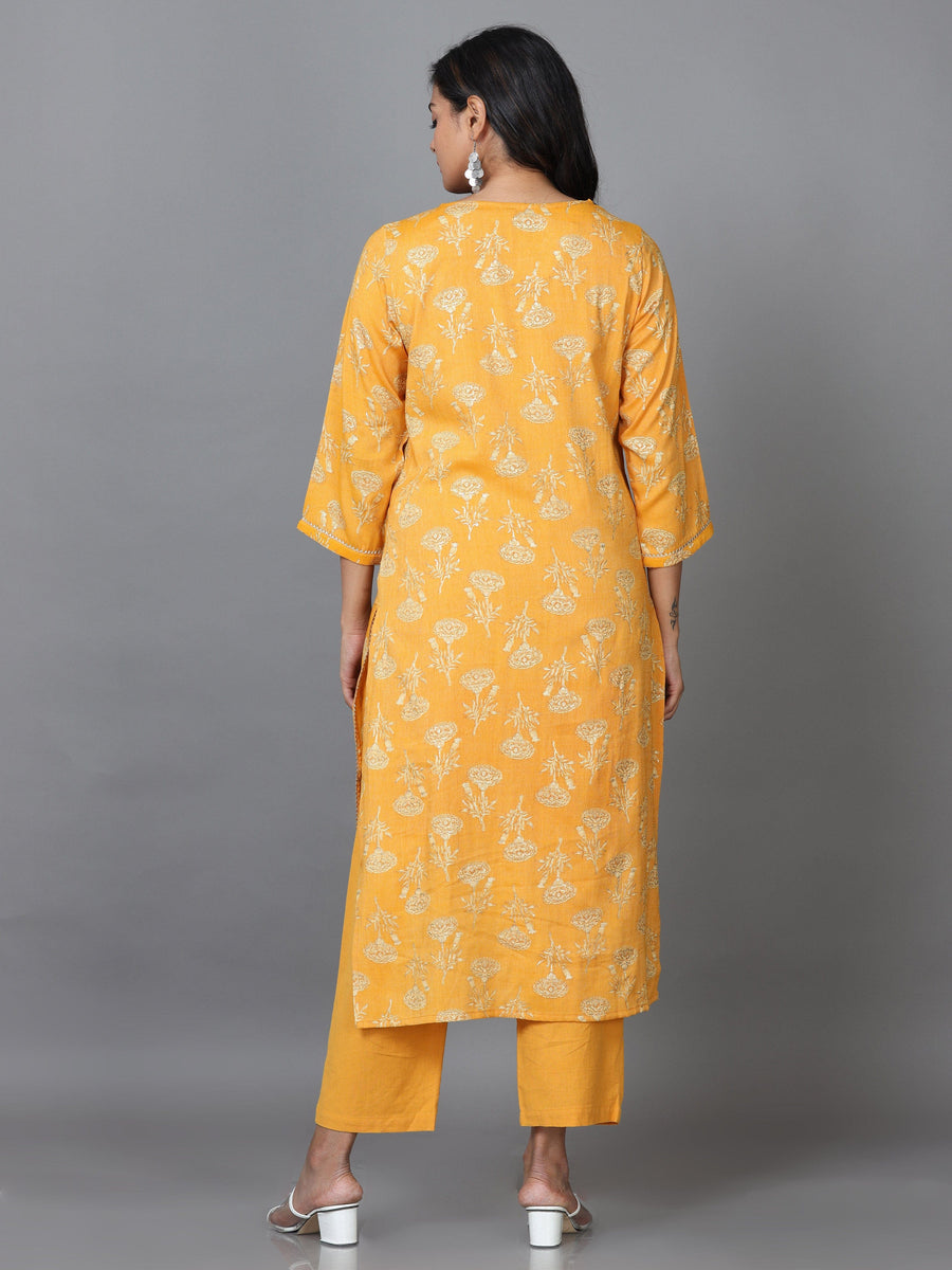 Yellow 3/4 Sleeve Rayon Printed Straight calf-long Salwar Suit