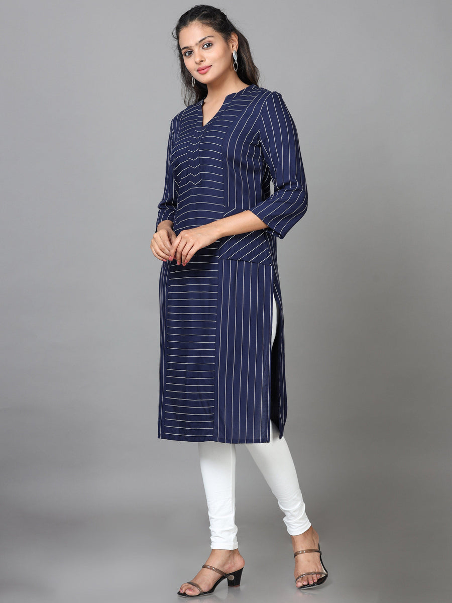 Navy 3/4 Sleeve Rayon Striped Straight Knee Length Kurta