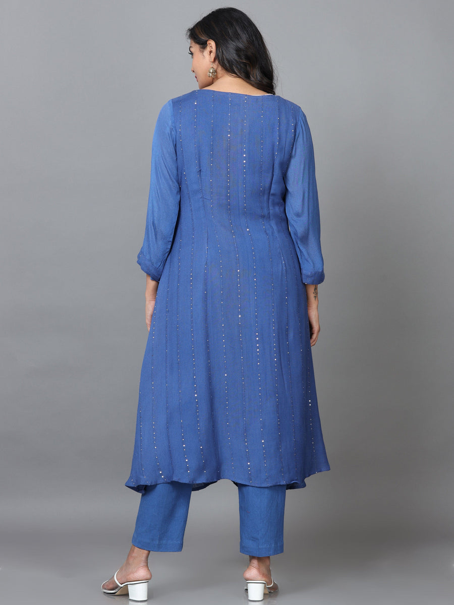 Dark Blue 3/4 Sleeve Rayon Solid A-Line calf-long Salwar Suit