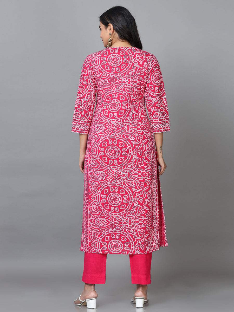 Pink 3/4 Sleeve Cotton Printed Straight calf-long Kurta Set