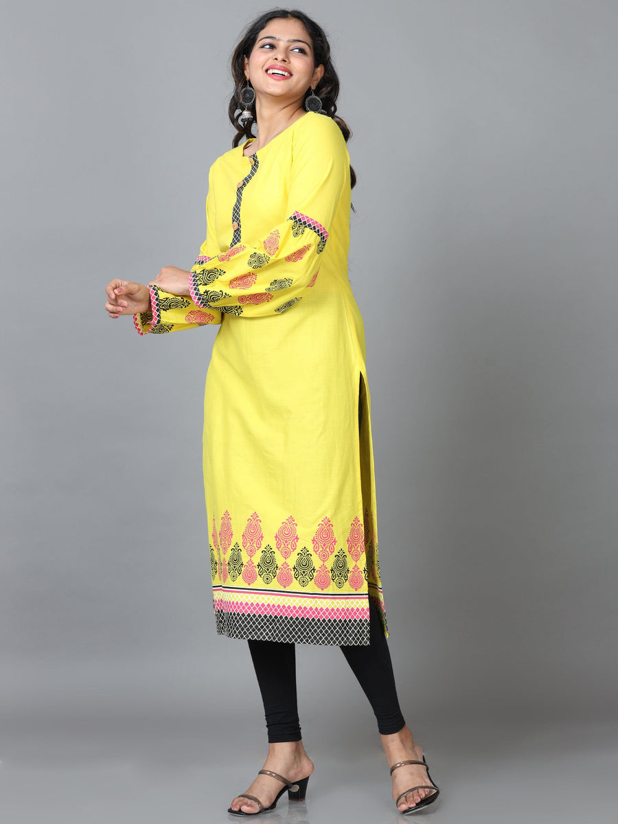 Yellow Full Sleeve Cotton Solid Straight Calf Length Kurta