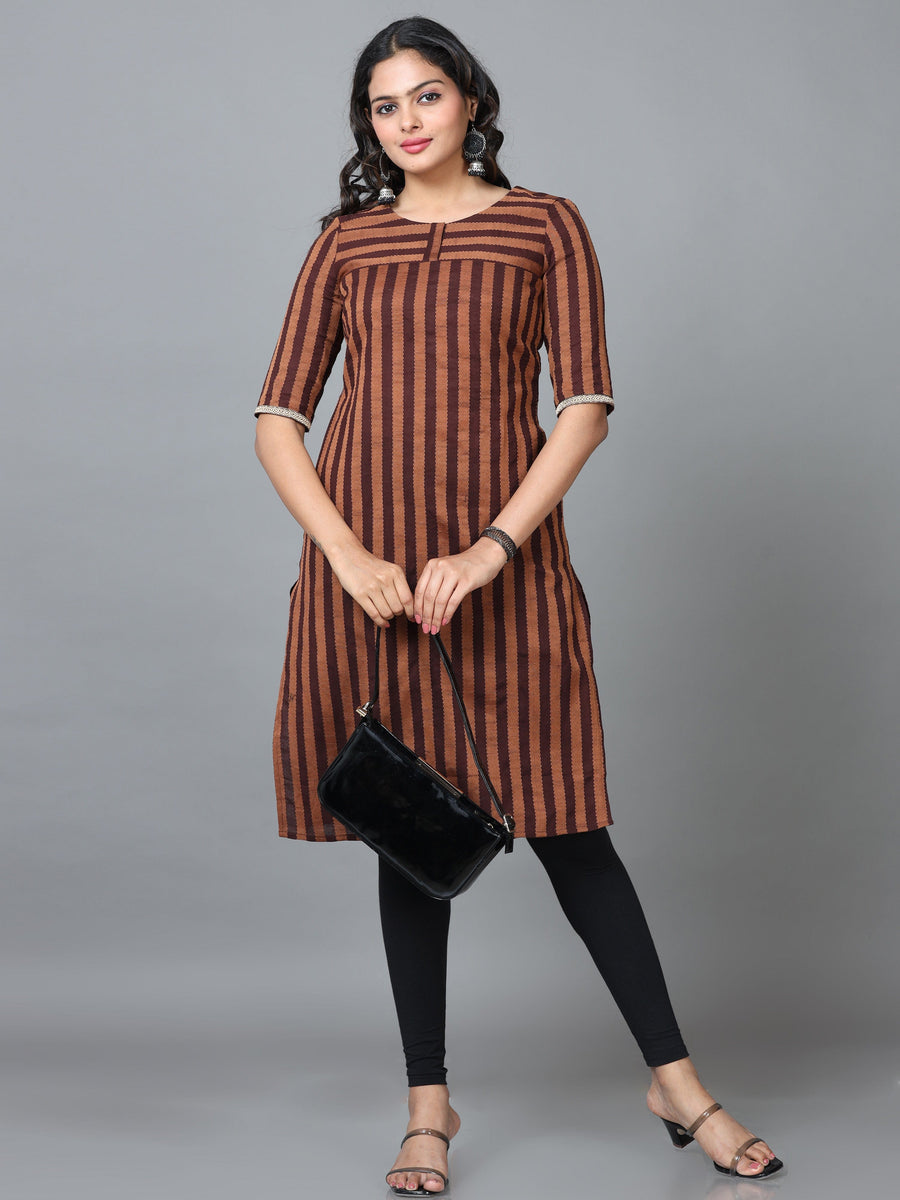 Brown Elbow Length Sleeve Cotton Striped Straight Knee Length Kurta