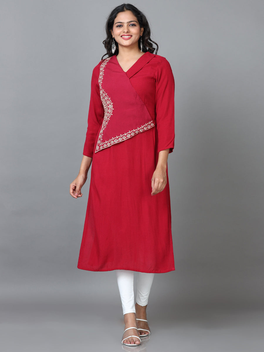 Maroon 3/4 Sleeve Rayon Solid Straight Calf Length Kurta