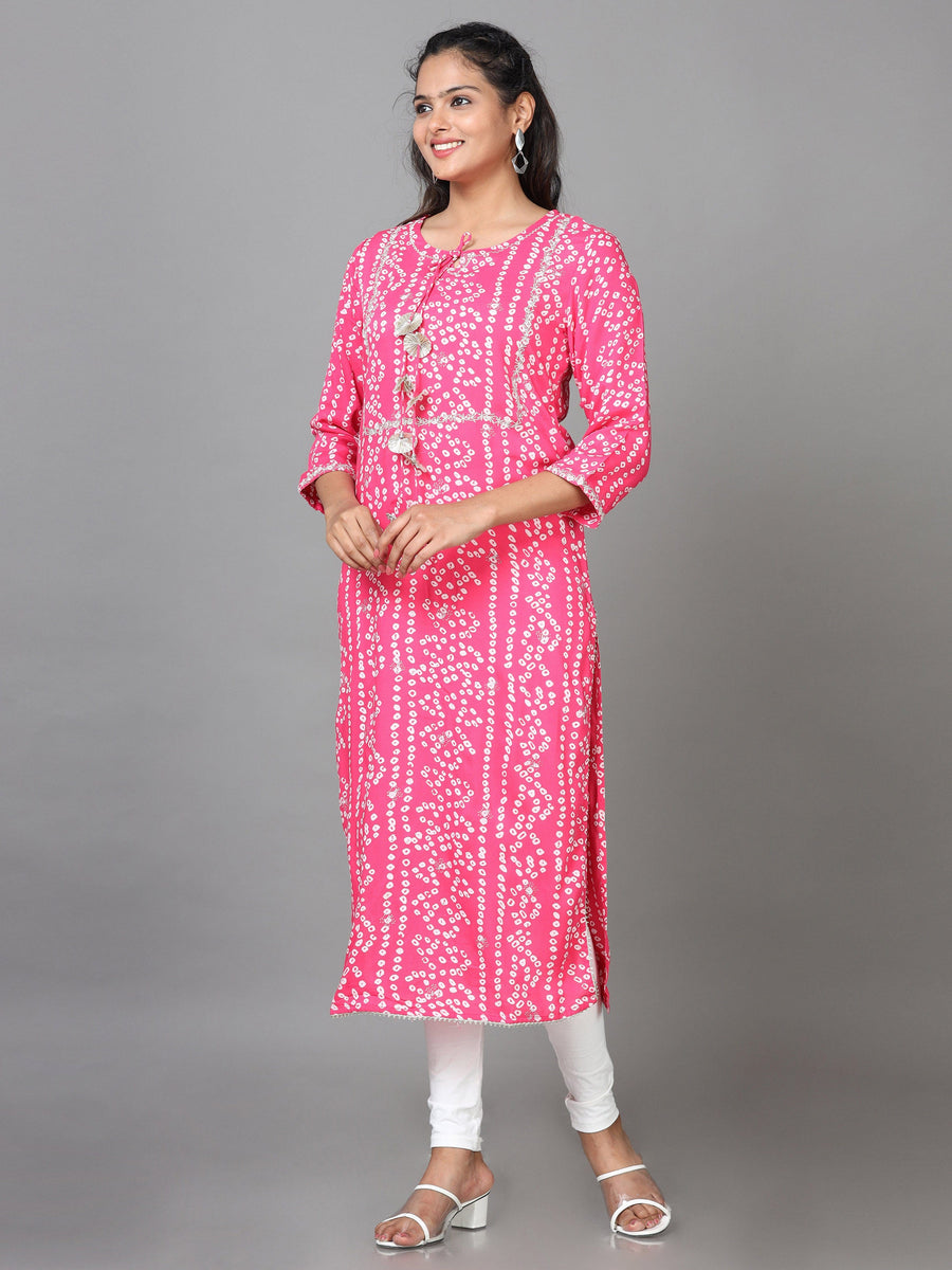 Pink 3/4 Sleeve Cotton Printed Straight Calf Length Kurta